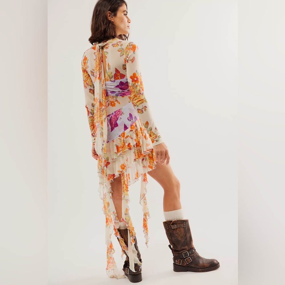 Free People Mesh Main Event Maxi Top Colorful Ruffle Trims Fitted Ruched details - Picture 6 of 7